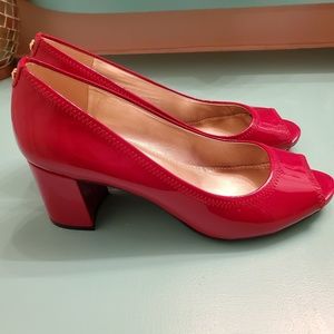 Cherry red block peep toe heels Anne Klein